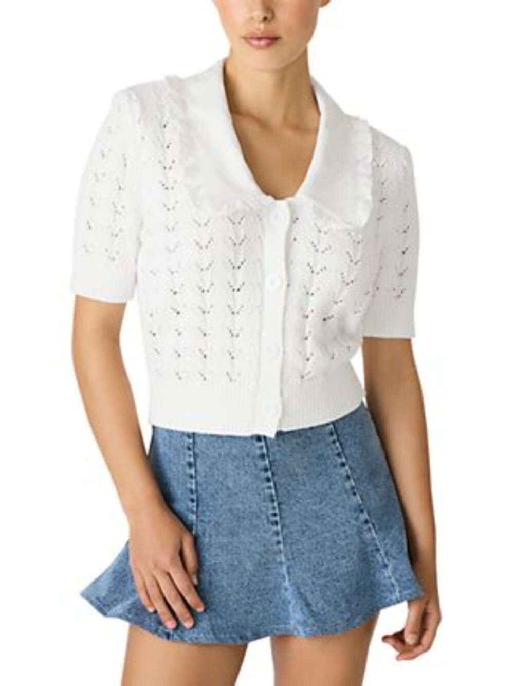 New Steve Madden White Cotton Cropped Lace Sweater with Peter Pan Collar